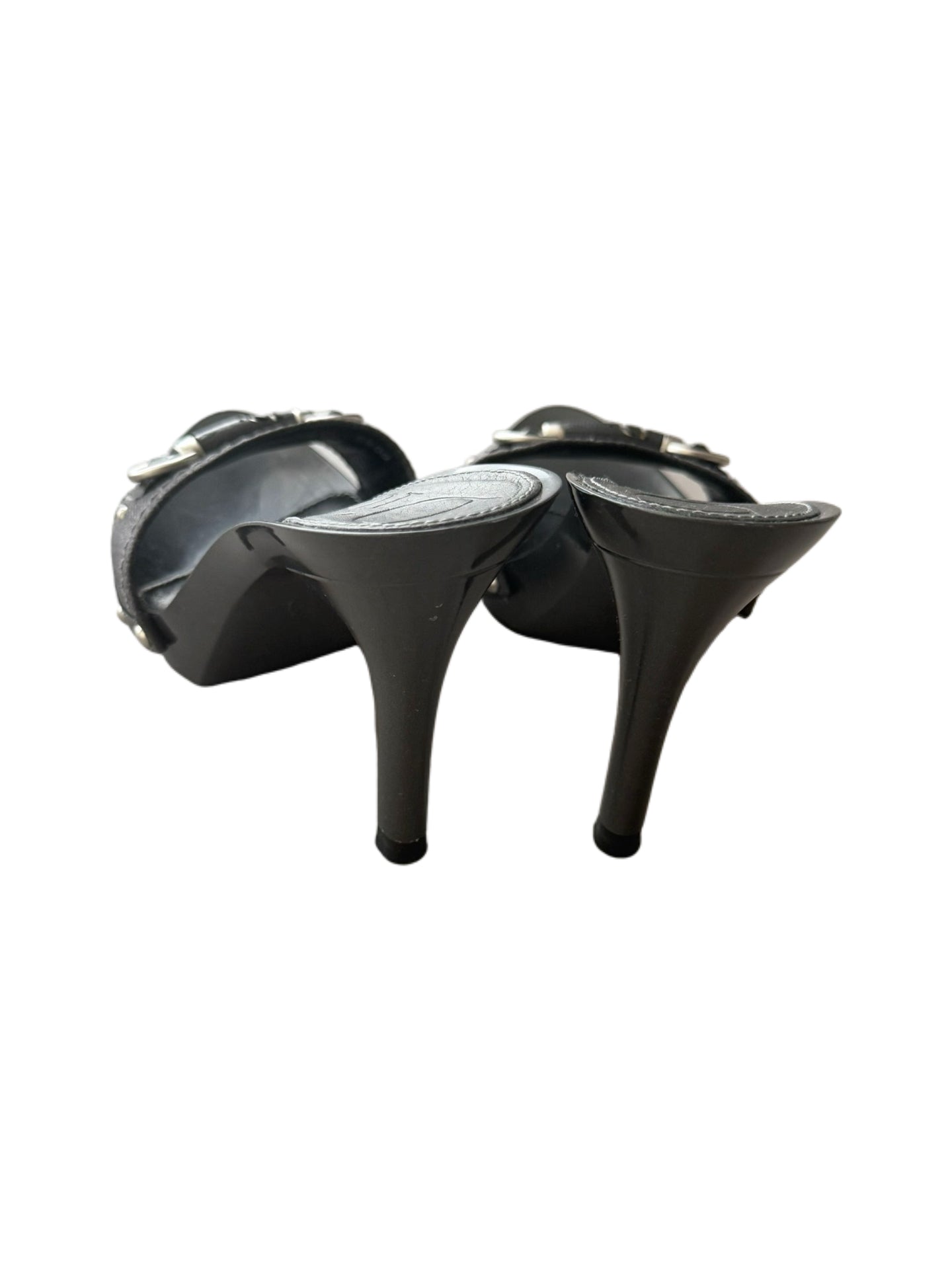 Christian Dior by John Galliano 2000s Logo Horsebit Mule Heels – Grey Patent Platform Sandals