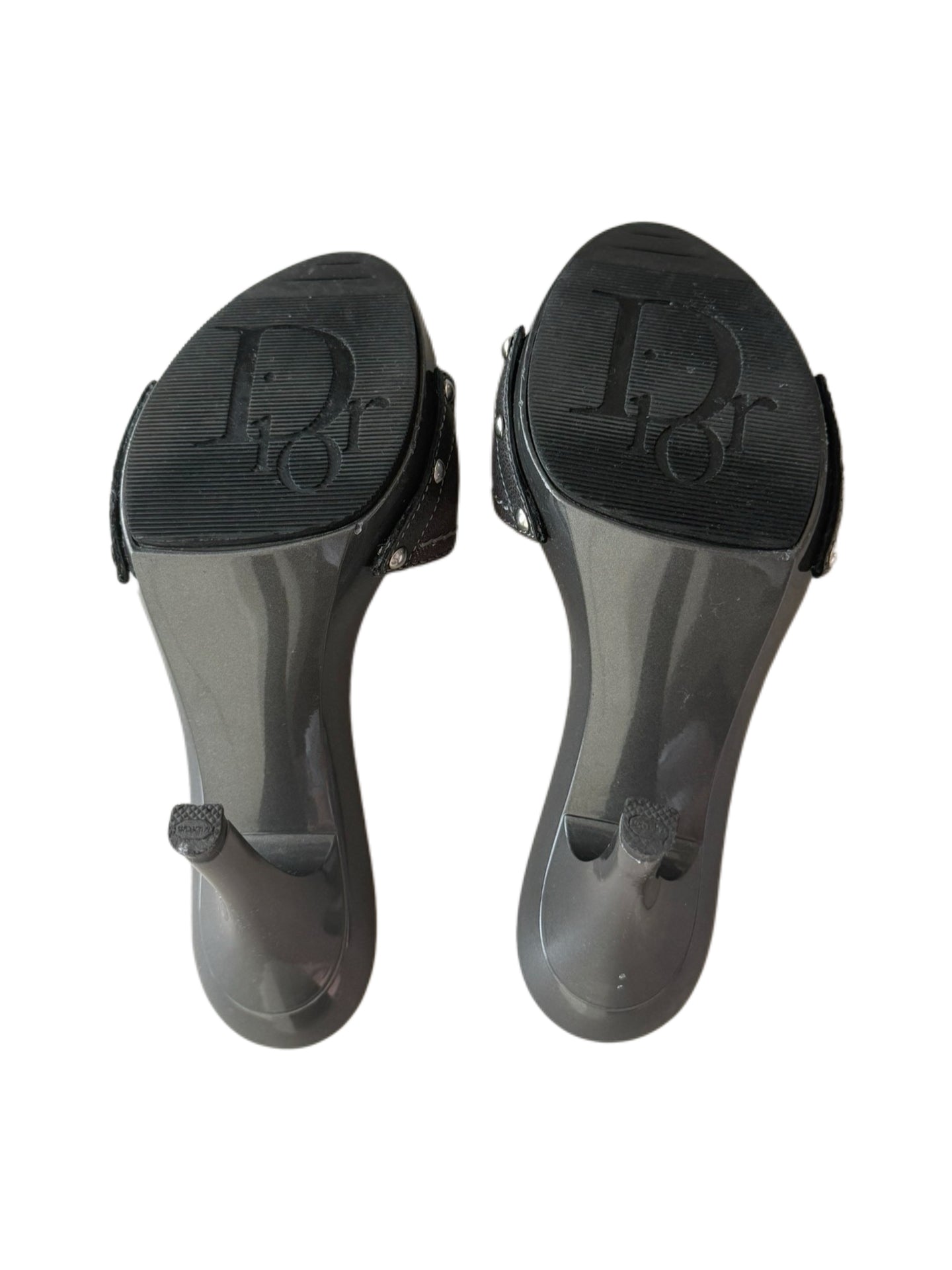 Christian Dior by John Galliano 2000s Logo Horsebit Mule Heels – Grey Patent Platform Sandals