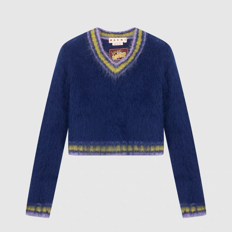 Marni “Fuzzy Wuzzy College” Royal Blue Mohair V-Neck Knit — Size 38 (New with Tags)