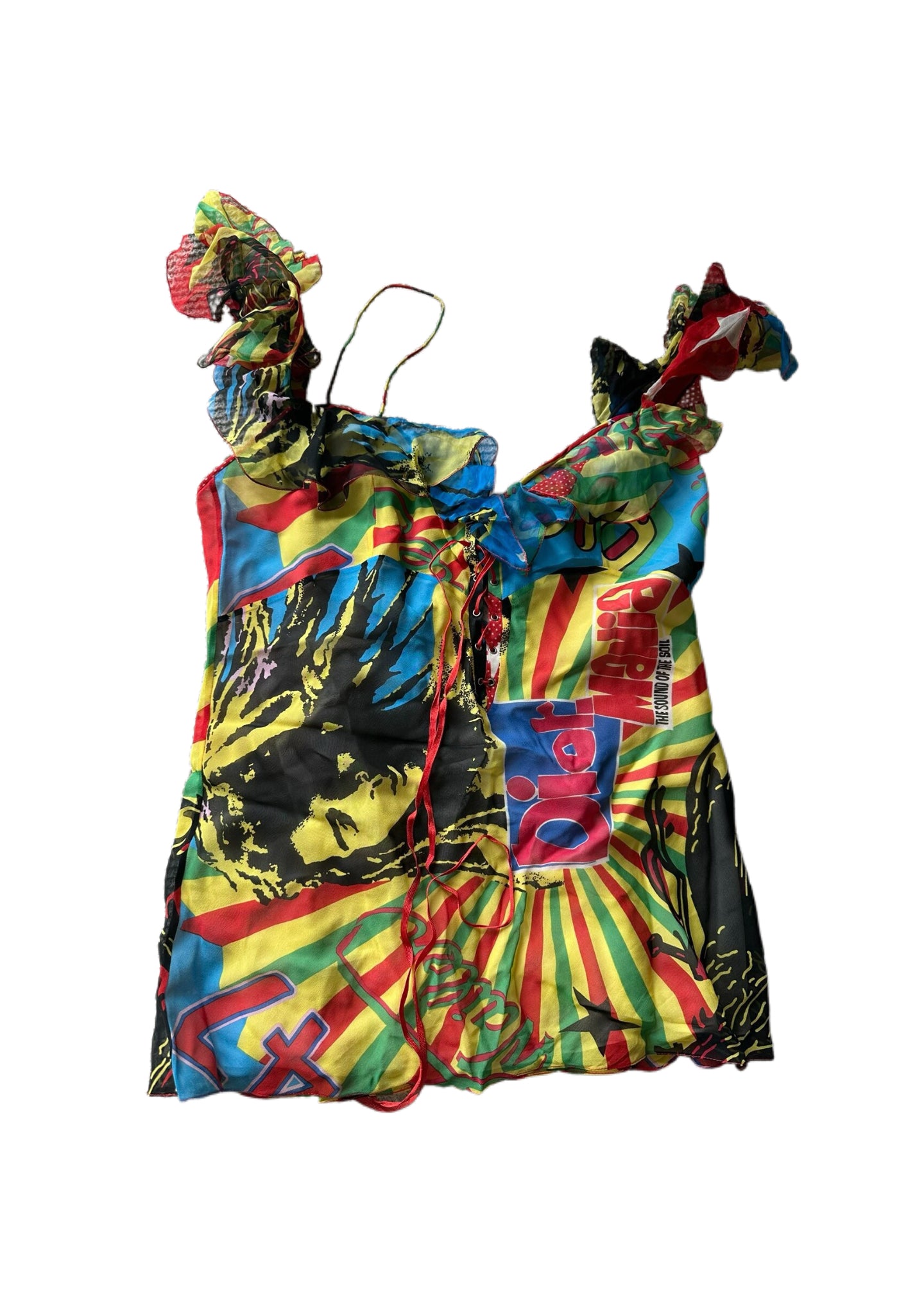 Christian Dior by John Galliano Jamaican Graphic Silk Ruffle Camisole – Multicolor Runway Archive Top
