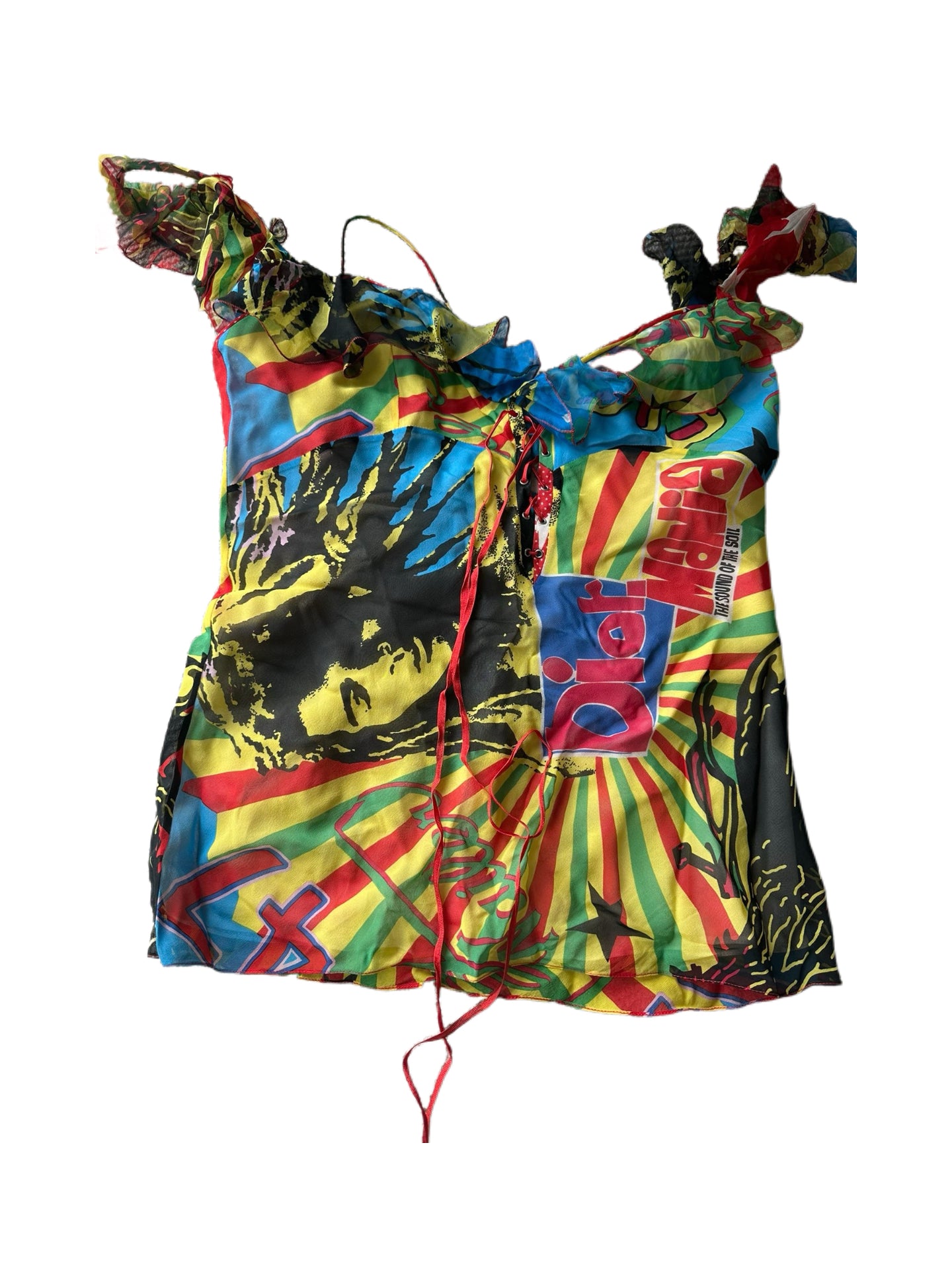 Christian Dior by John Galliano Jamaican Graphic Silk Ruffle Camisole – Multicolor Runway Archive Top
