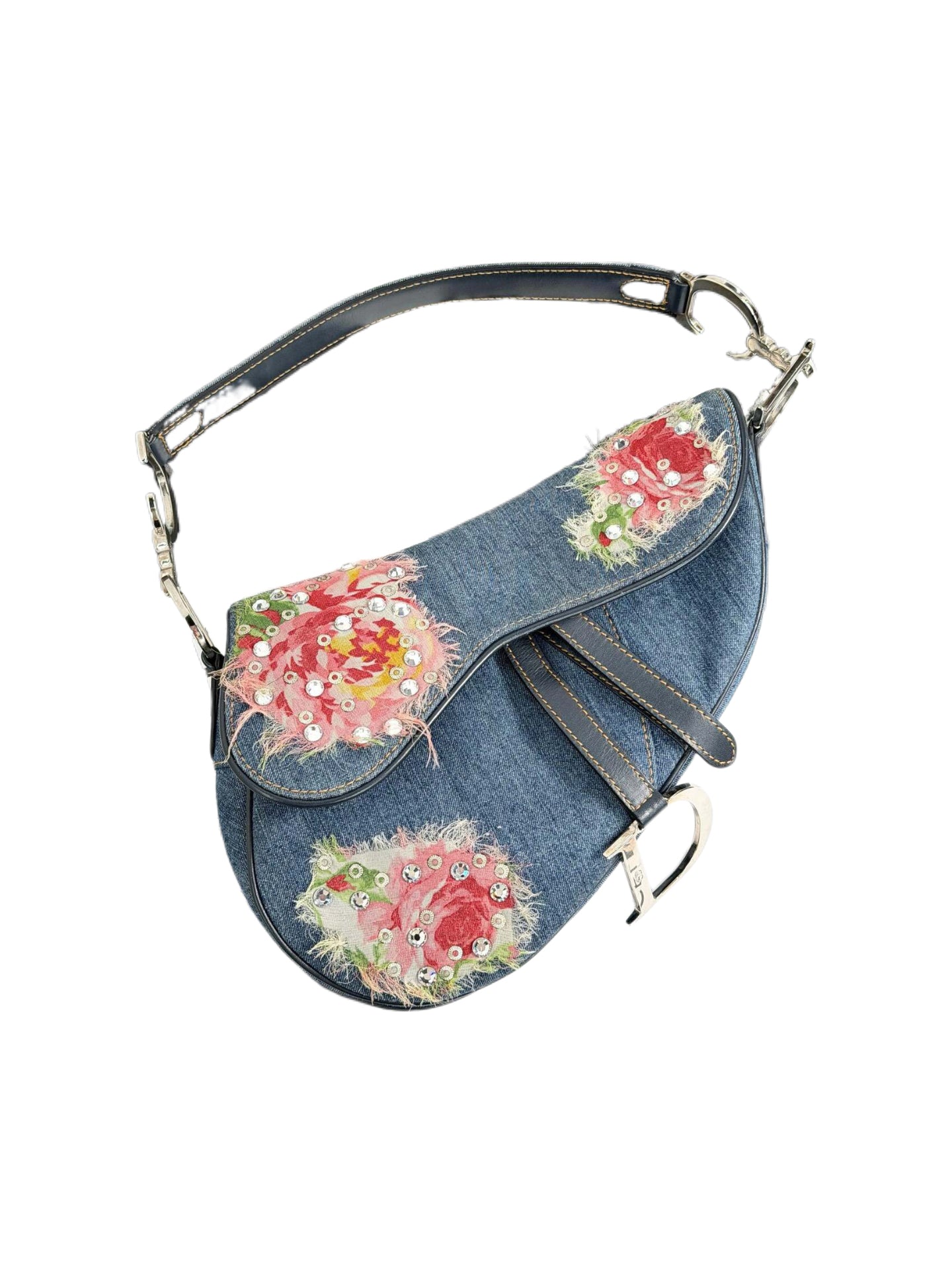 Christian Dior by John Galliano Denim Embroidered Rhinestone Saddle Bag Y2K Archive Limited Edition