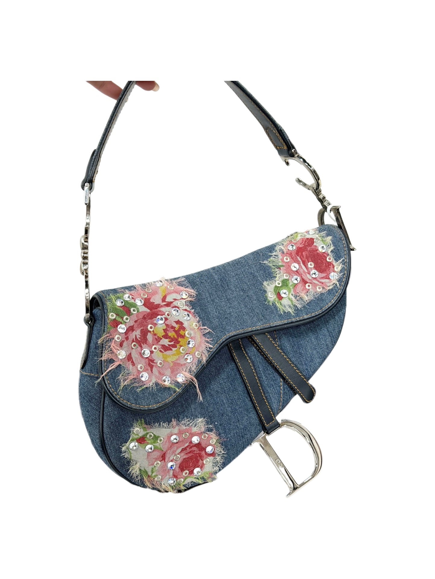 Christian Dior by John Galliano Denim Embroidered Rhinestone Saddle Bag Y2K Archive Limited Edition