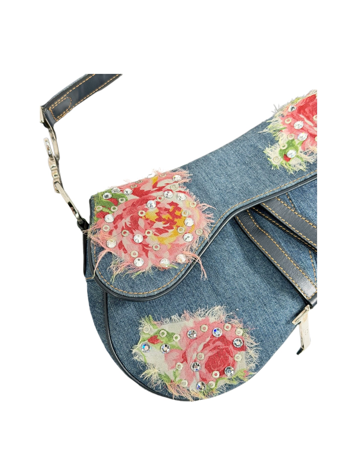 Christian Dior by John Galliano Denim Embroidered Rhinestone Saddle Bag Y2K Archive Limited Edition