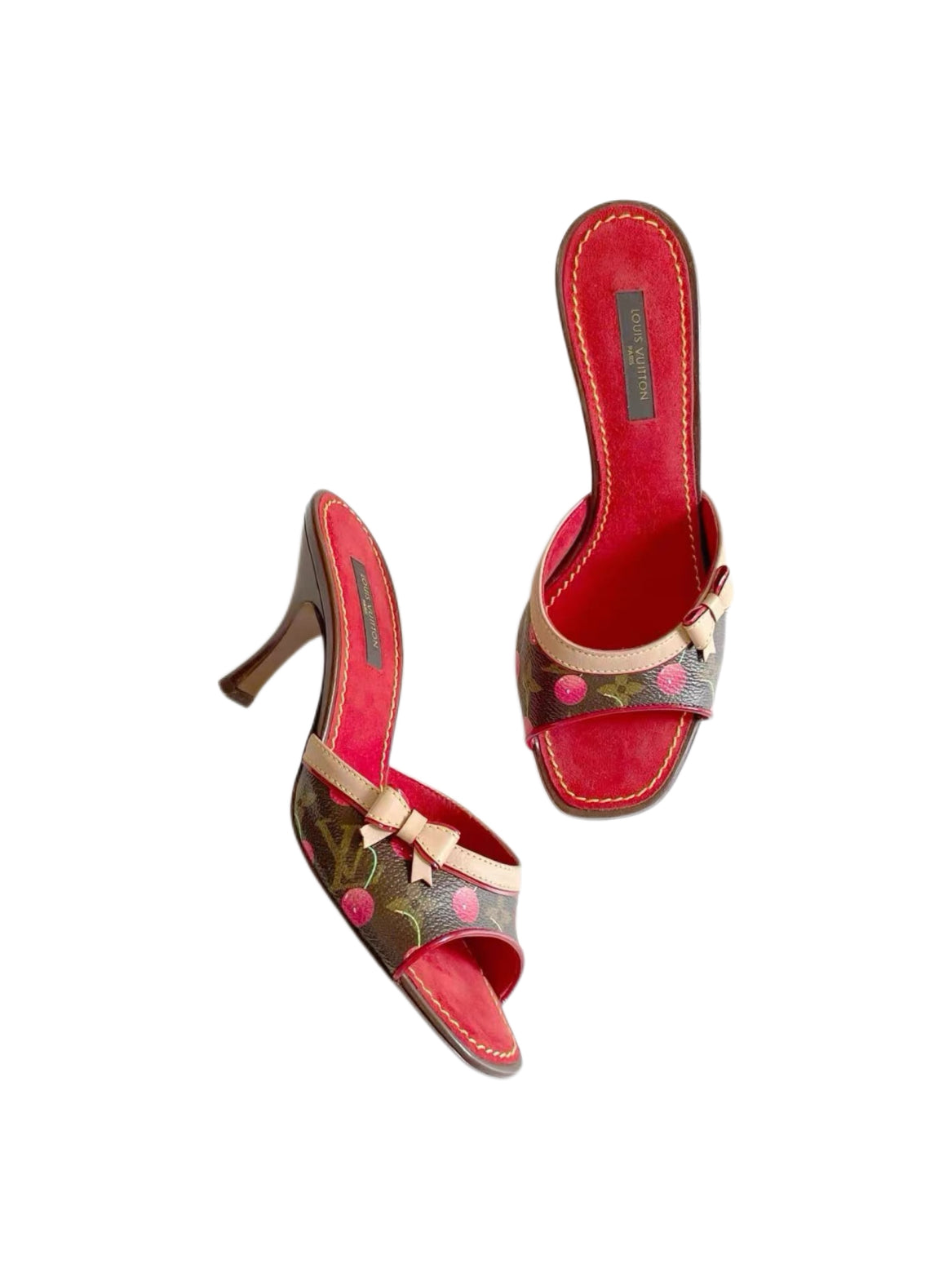 Louis Vuitton x Takashi Murakami Cherry Monogram Mule Heels Red Kitten Heel Sandals 37.5 Limited Edition Y2K Archive