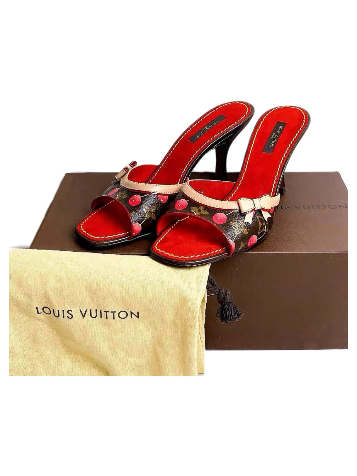 Louis Vuitton x Takashi Murakami Cherry Monogram Mule Heels Red Kitten Heel Sandals 37.5 Limited Edition Y2K Archive