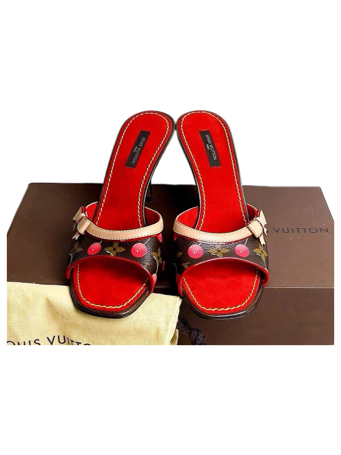 Louis Vuitton x Takashi Murakami Cherry Monogram Mule Heels Red Kitten Heel Sandals 37.5 Limited Edition Y2K Archive