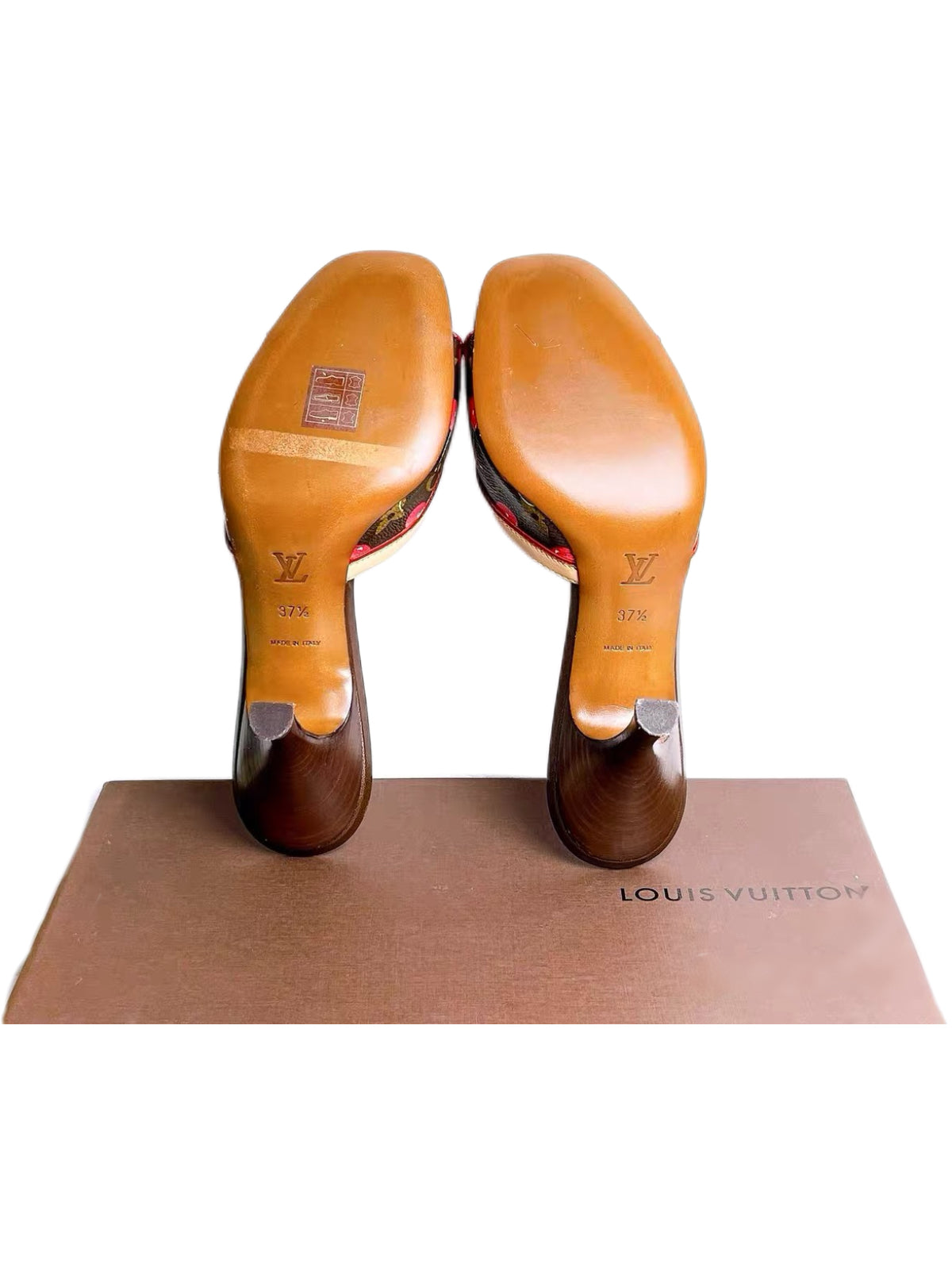 Louis Vuitton x Takashi Murakami Cherry Monogram Mule Heels Red Kitten Heel Sandals 37.5 Limited Edition Y2K Archive