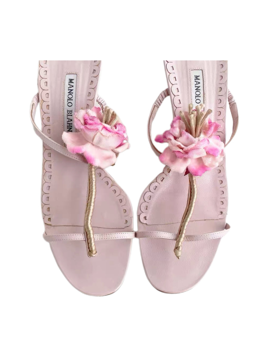 Manolo Blahnik Pink Floral Kitten Heel Sandals – Vintage Blossom Mule Heels