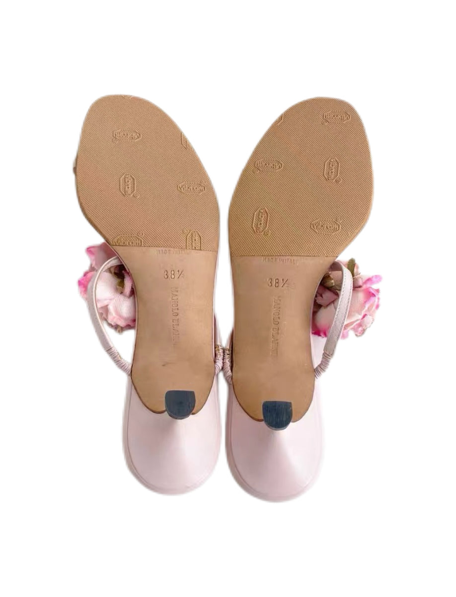 Manolo Blahnik Pink Floral Kitten Heel Sandals – Vintage Blossom Mule Heels