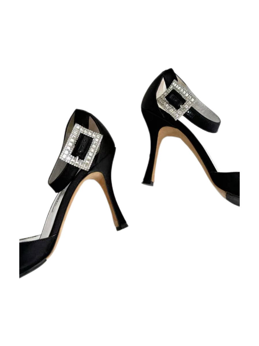 Manolo Blahnik Black Satin Crystal Buckle Heels Luxury Evening Sandals Designer Rhinestone Shoes
