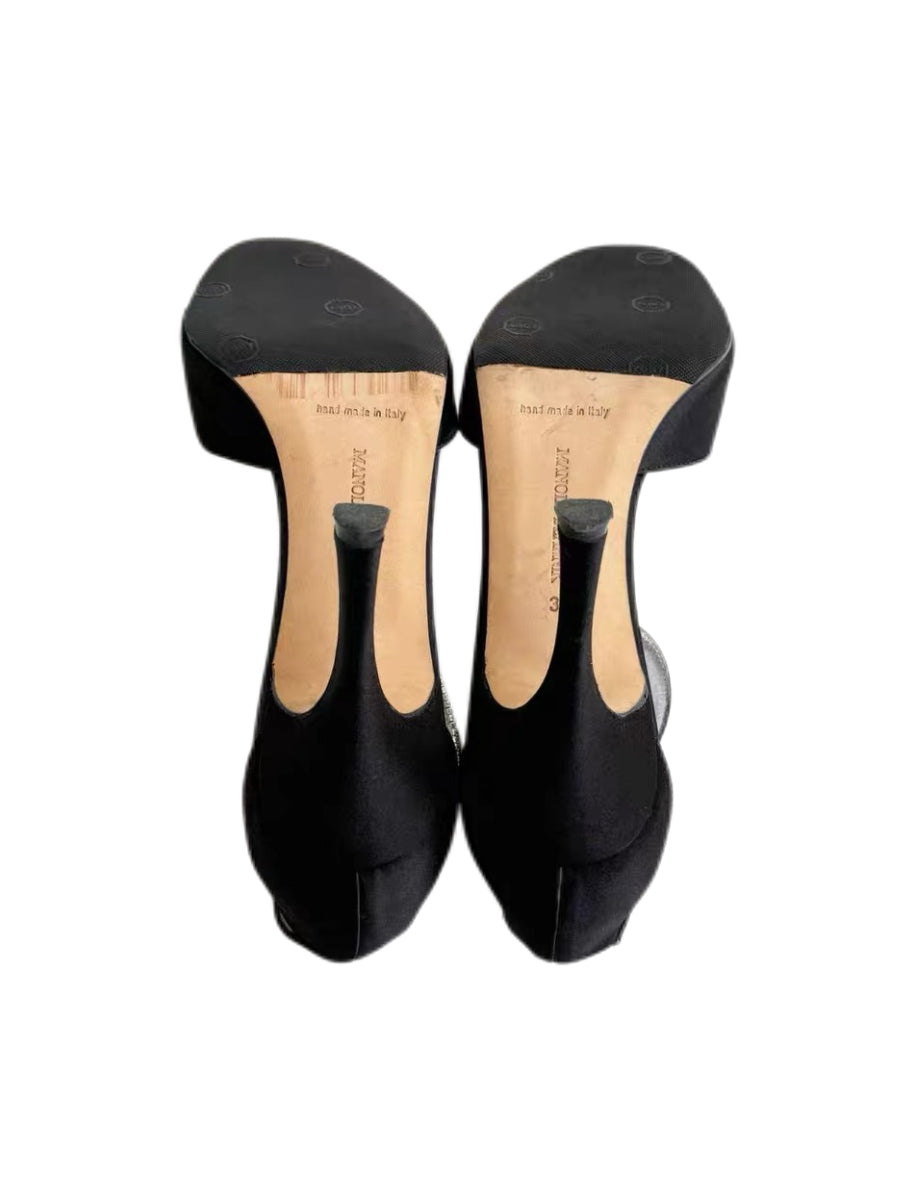 Manolo Blahnik Black Satin Crystal Buckle Heels Luxury Evening Sandals Designer Rhinestone Shoes