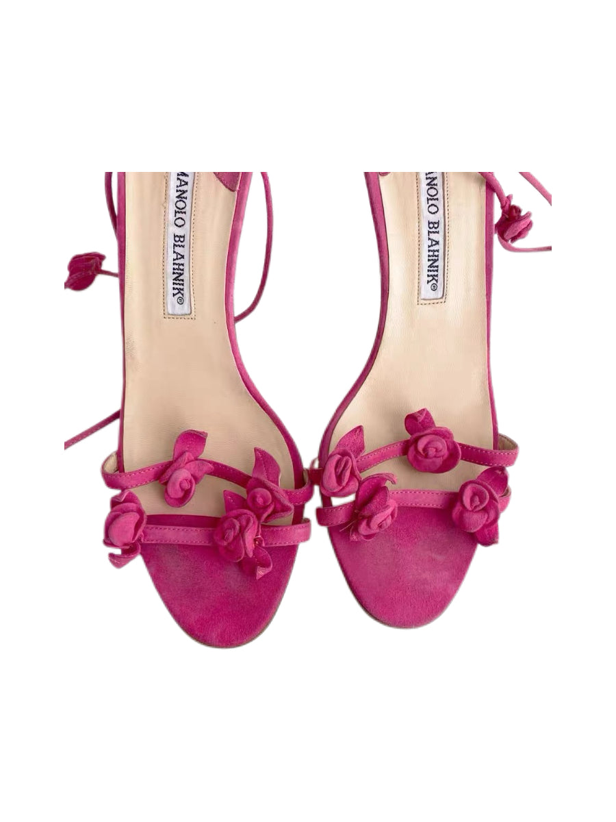 Manolo Blahnik Fuchsia Suede Floral Lace-Up Heeled Sandals – Pink Rosette Tie Heels