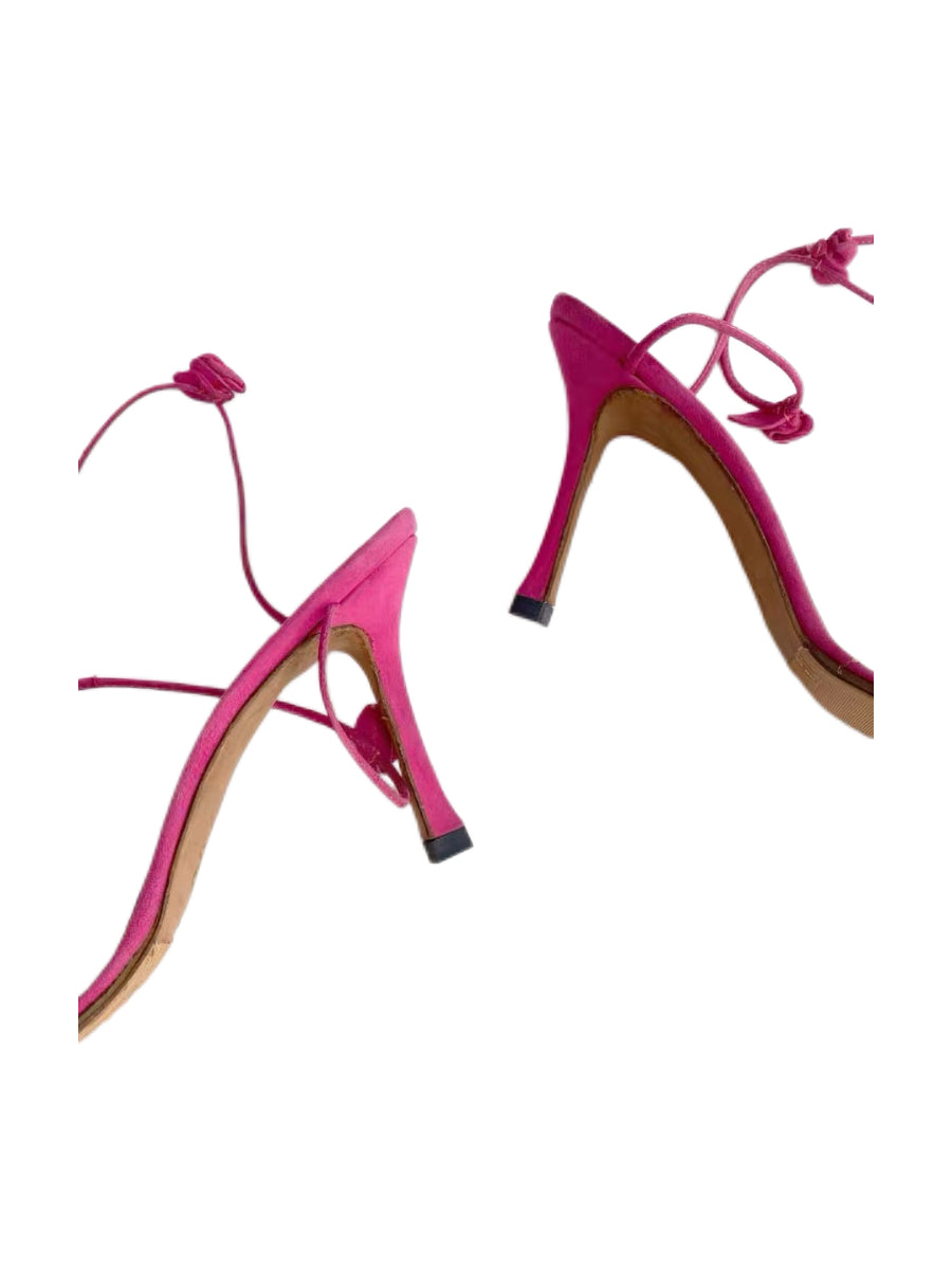Manolo Blahnik Fuchsia Suede Floral Lace-Up Heeled Sandals – Pink Rosette Tie Heels