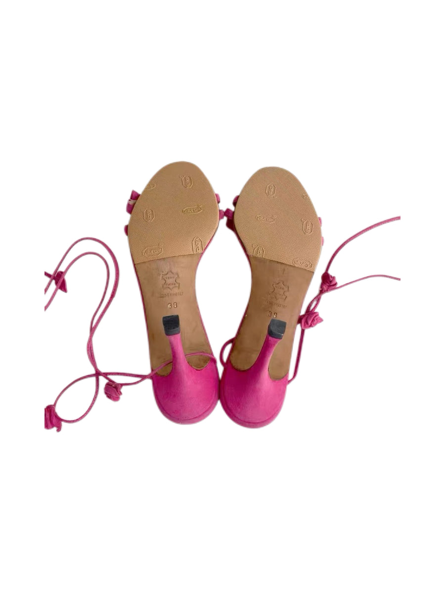 Manolo Blahnik Fuchsia Suede Floral Lace-Up Heeled Sandals – Pink Rosette Tie Heels
