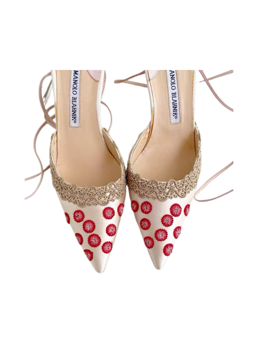 Manolo Blahnik Satin Floral Embroidered Lace-Up Heels – Rare Couture Ribbon Pumps
