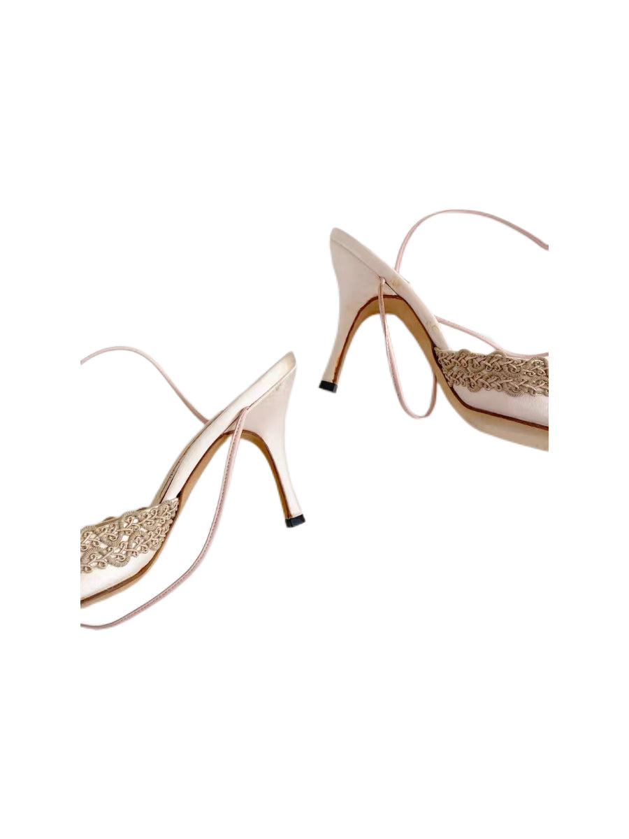 Manolo Blahnik Satin Floral Embroidered Lace-Up Heels – Rare Couture Ribbon Pumps