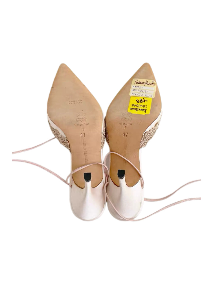 Manolo Blahnik Satin Floral Embroidered Lace-Up Heels – Rare Couture Ribbon Pumps
