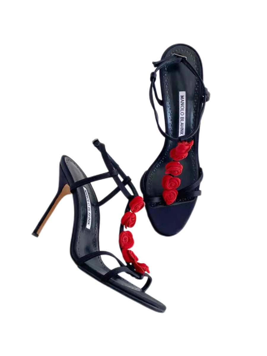 Manolo Blahnik Black Satin Red Rose Sandals Floral Strappy Heels Evening Shoes Size 39.5