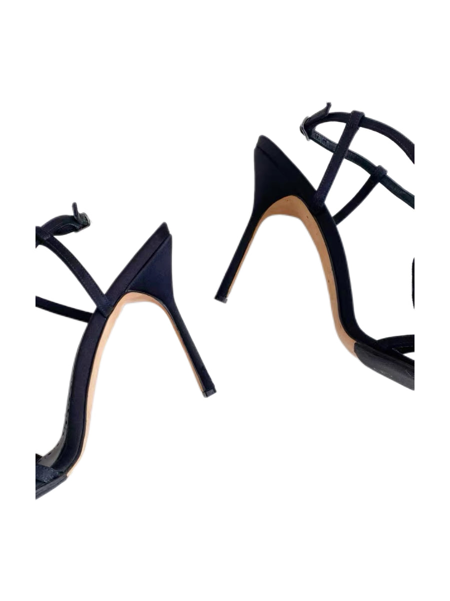 Manolo Blahnik Black Satin Red Rose Sandals Floral Strappy Heels Evening Shoes Size 39.5