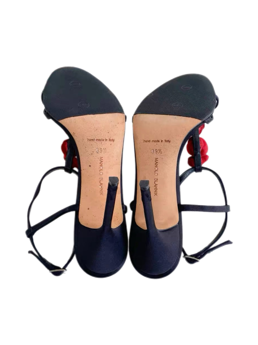 Manolo Blahnik Black Satin Red Rose Sandals Floral Strappy Heels Evening Shoes Size 39.5