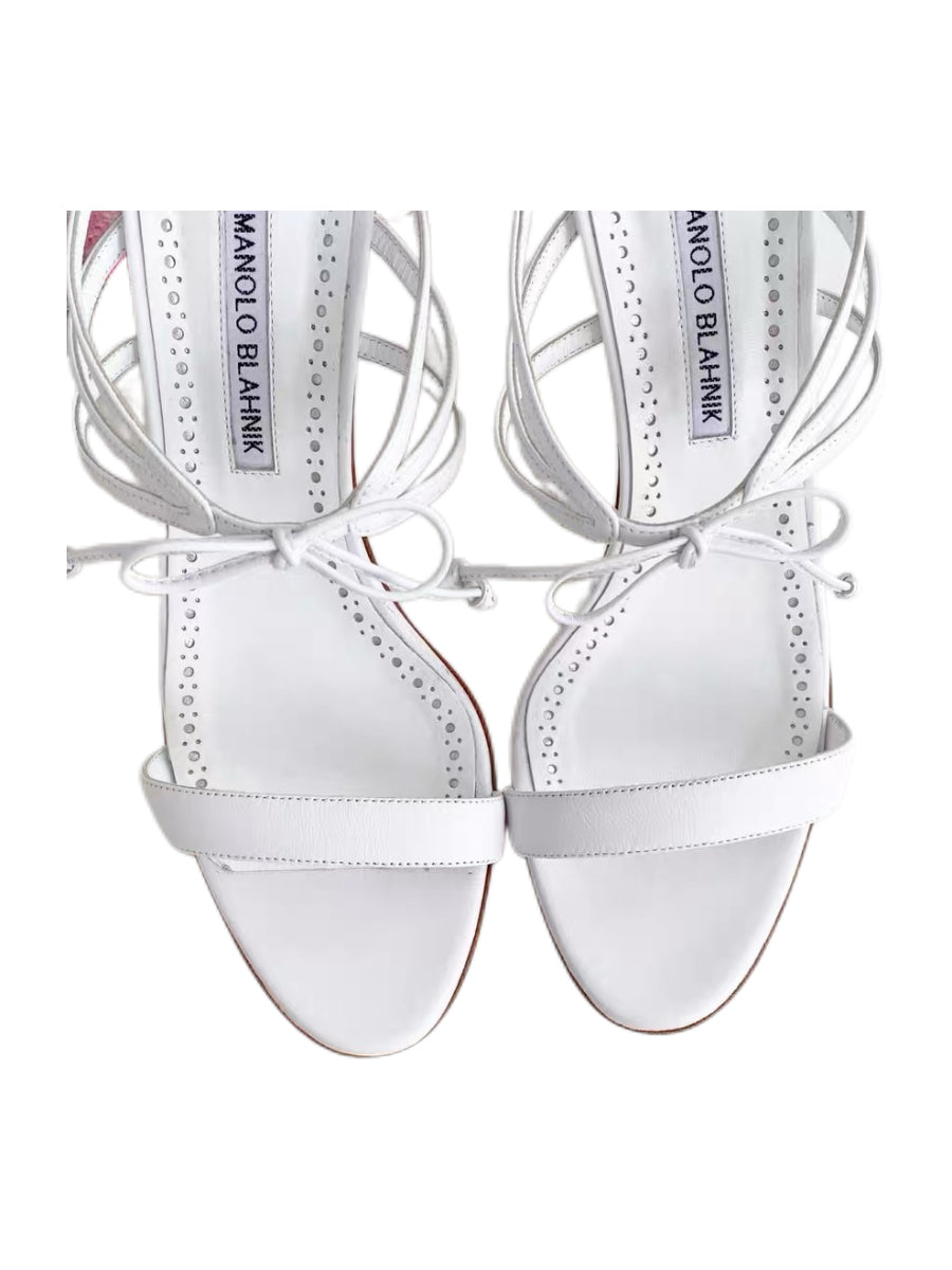 Manolo Blahnik White Leather Strappy Mule Heels Rare Lace-Up Minimal Sandals 38.5