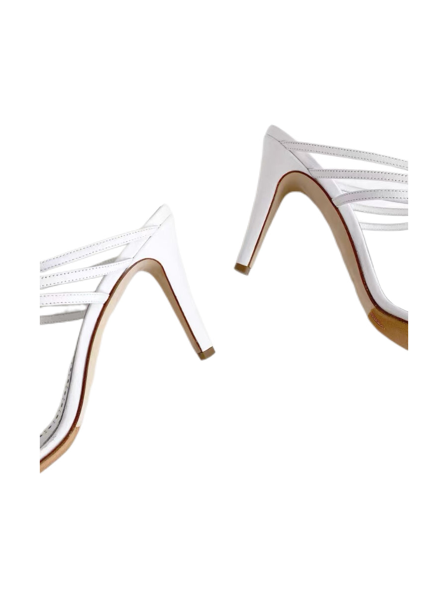 Manolo Blahnik White Leather Strappy Mule Heels Rare Lace-Up Minimal Sandals 38.5