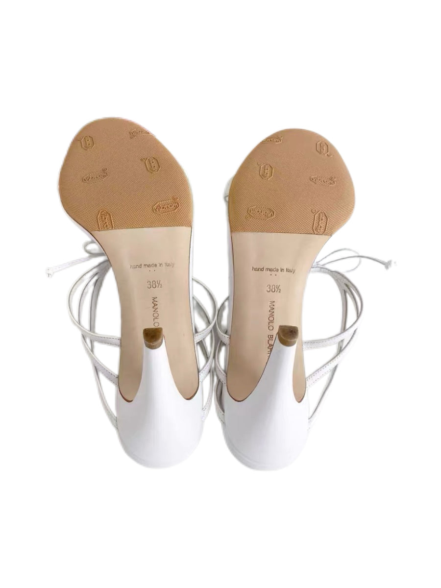 Manolo Blahnik White Leather Strappy Mule Heels Rare Lace-Up Minimal Sandals 38.5