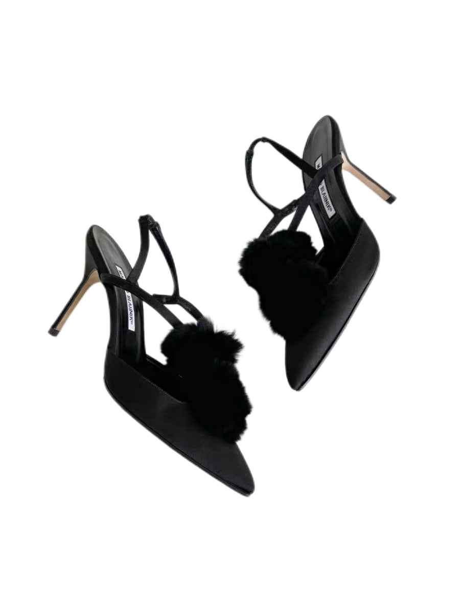 Manolo Blahnik Black Satin Fur Heels Rare Pom Pom Slingback Evening Pumps 39