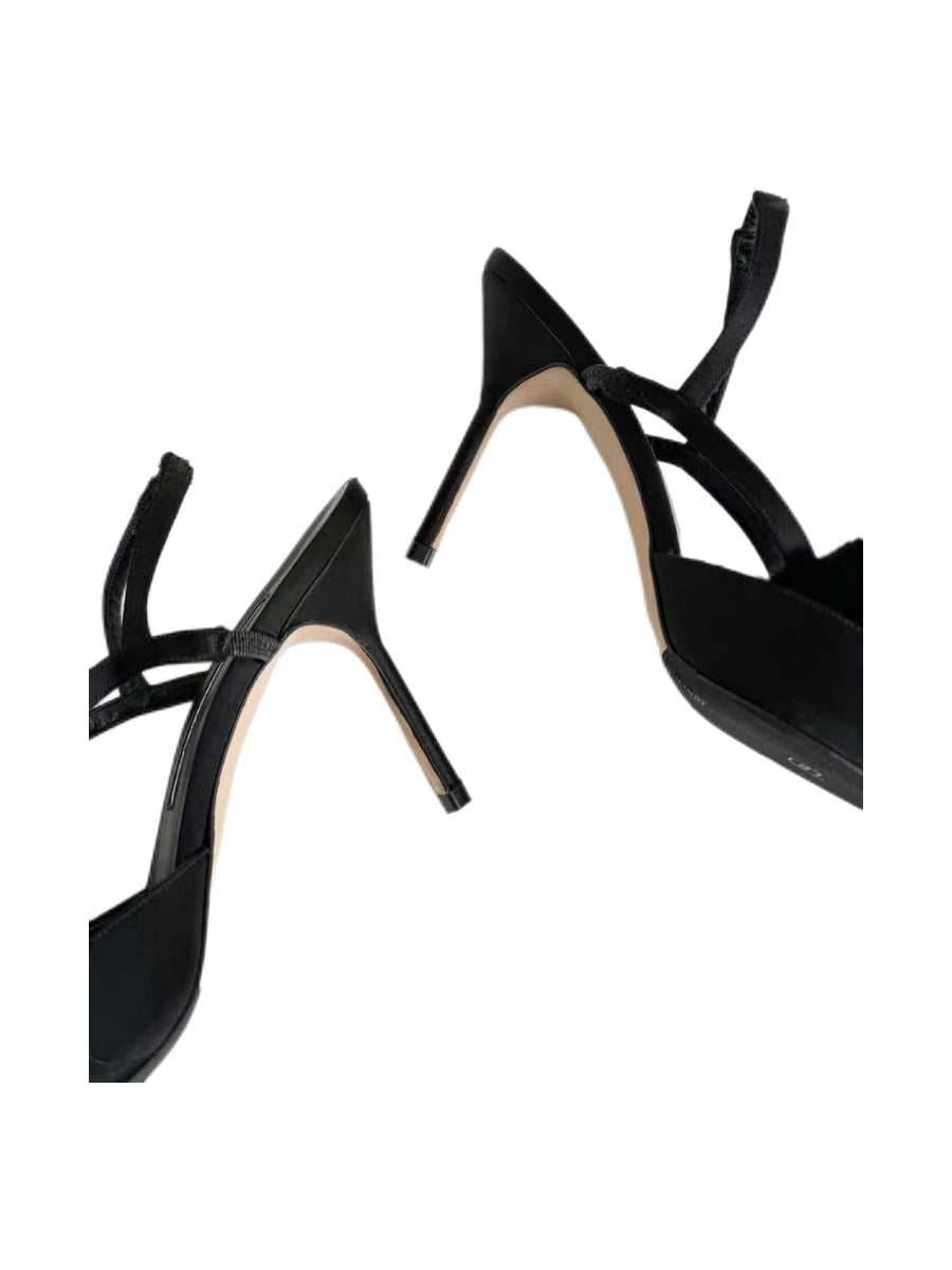 Manolo Blahnik Black Satin Fur Heels Rare Pom Pom Slingback Evening Pumps 39