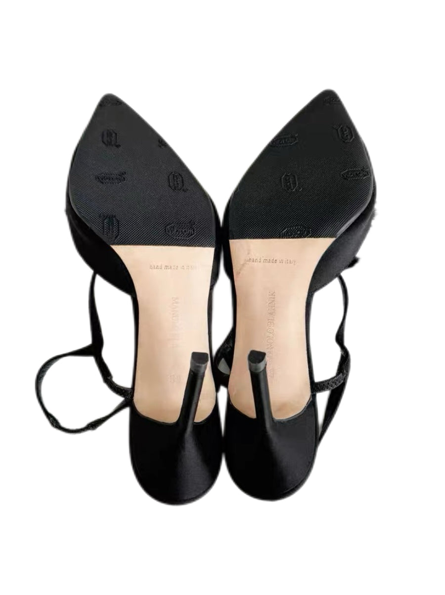 Manolo Blahnik Black Satin Fur Heels Rare Pom Pom Slingback Evening Pumps 39