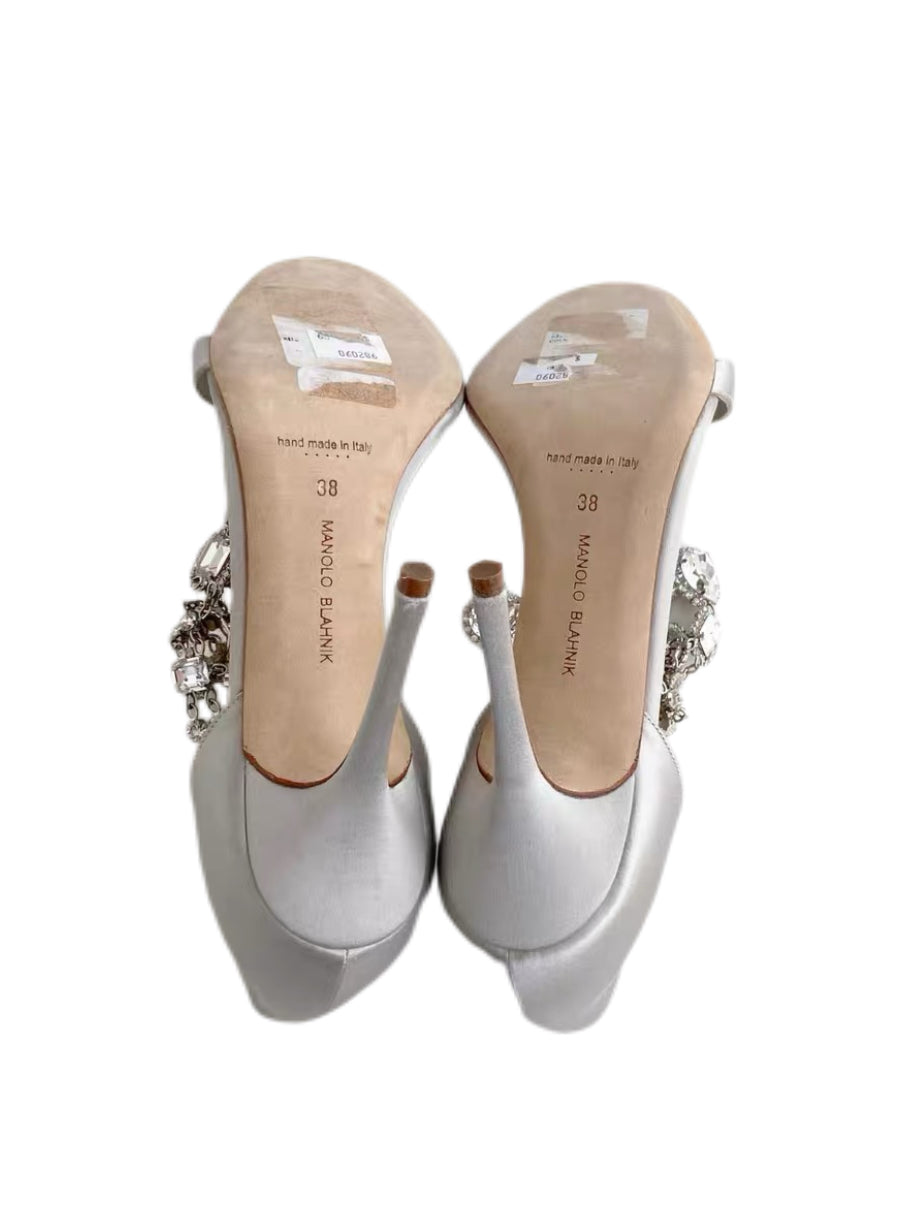 Manolo Blahnik Silver Satin Crystal Heels Rare Rhinestone Evening Sandals 38