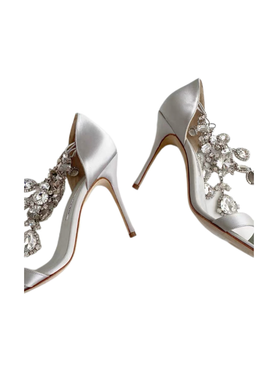 Manolo Blahnik Silver Satin Crystal Heels Rare Rhinestone Evening Sandals 38