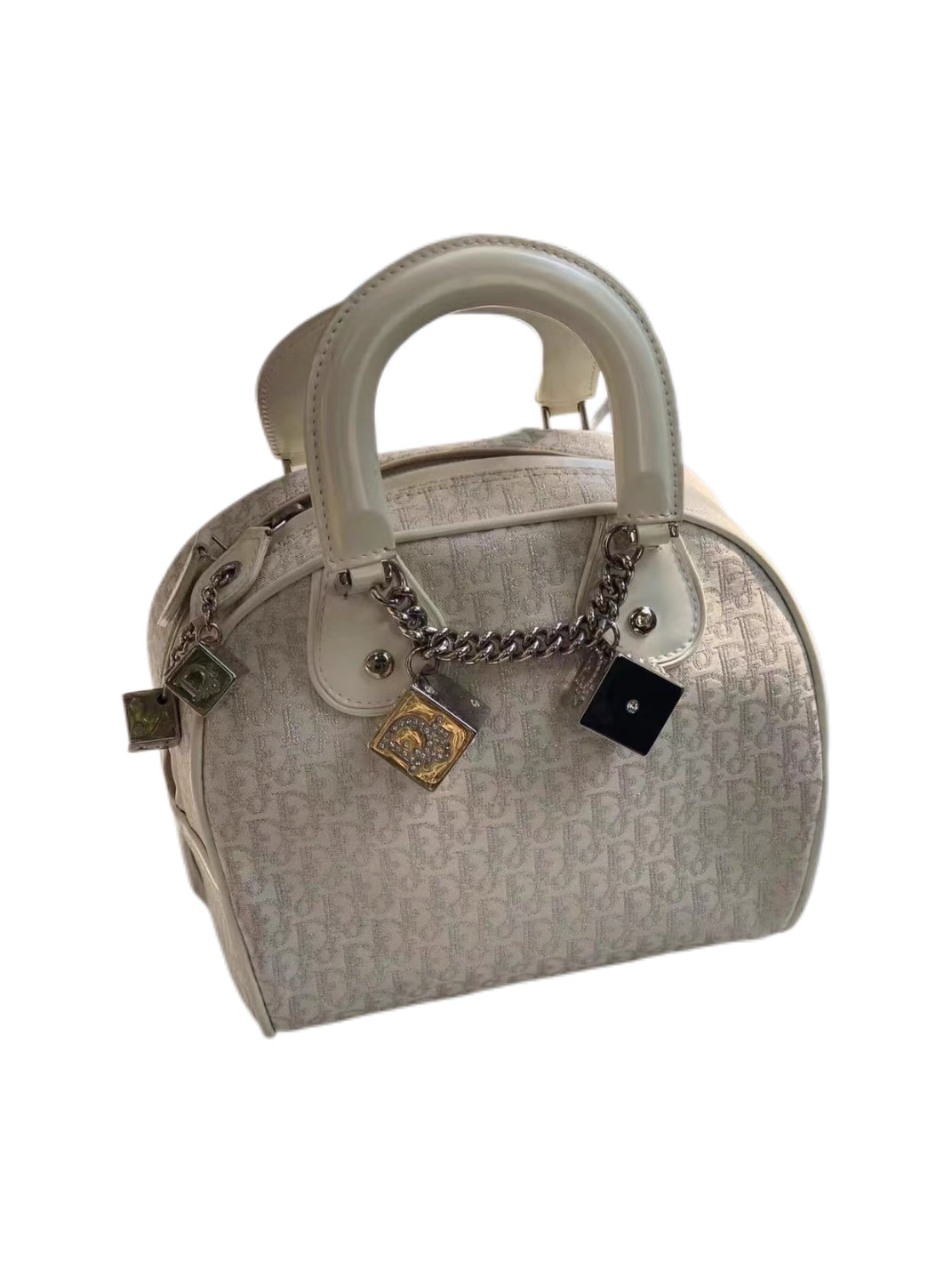 Christian Dior by John Galliano Limited Edition Mini White Oblique Dice Charm Boston Handbag Y2K Archive Extremely Rare Piece