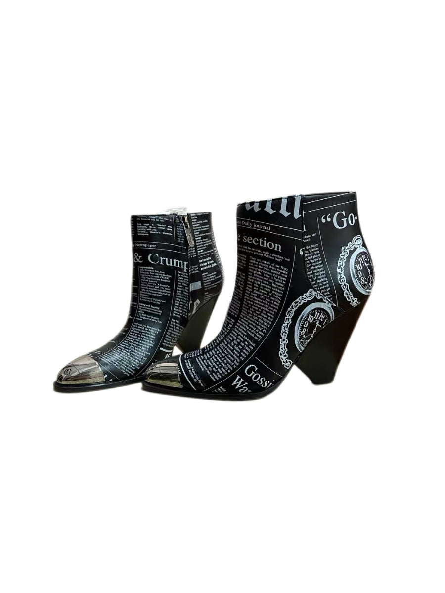 John Galliano Newspaper Print Ankle Boots Rare Archive Sculptural Heel Deadstock with Box