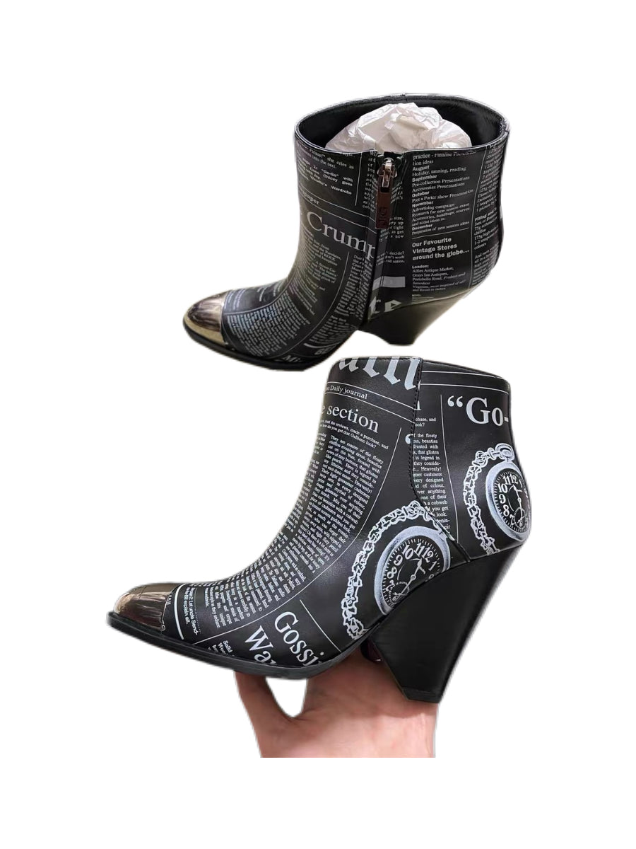 John Galliano Newspaper Print Ankle Boots Rare Archive Sculptural Heel Deadstock with Box