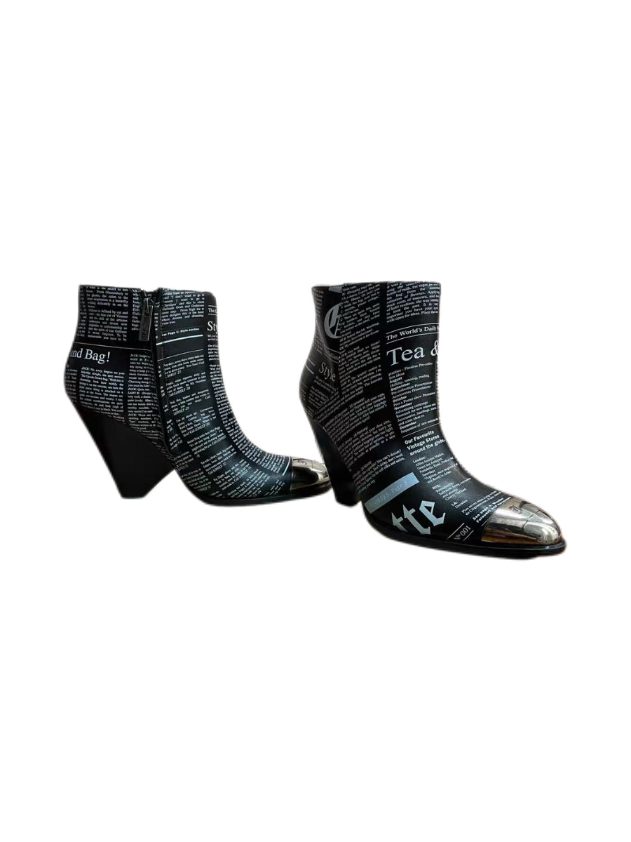 John Galliano Newspaper Print Ankle Boots Rare Archive Sculptural Heel Deadstock with Box