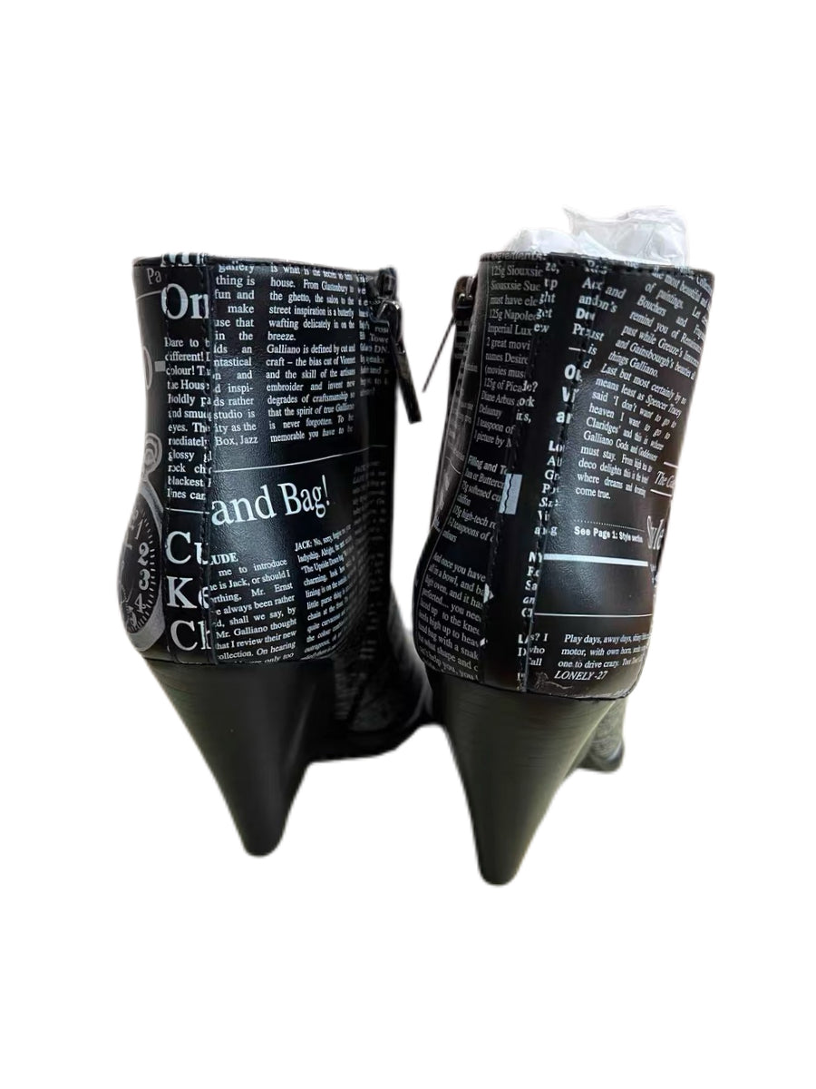 John Galliano Newspaper Print Ankle Boots Rare Archive Sculptural Heel Deadstock with Box