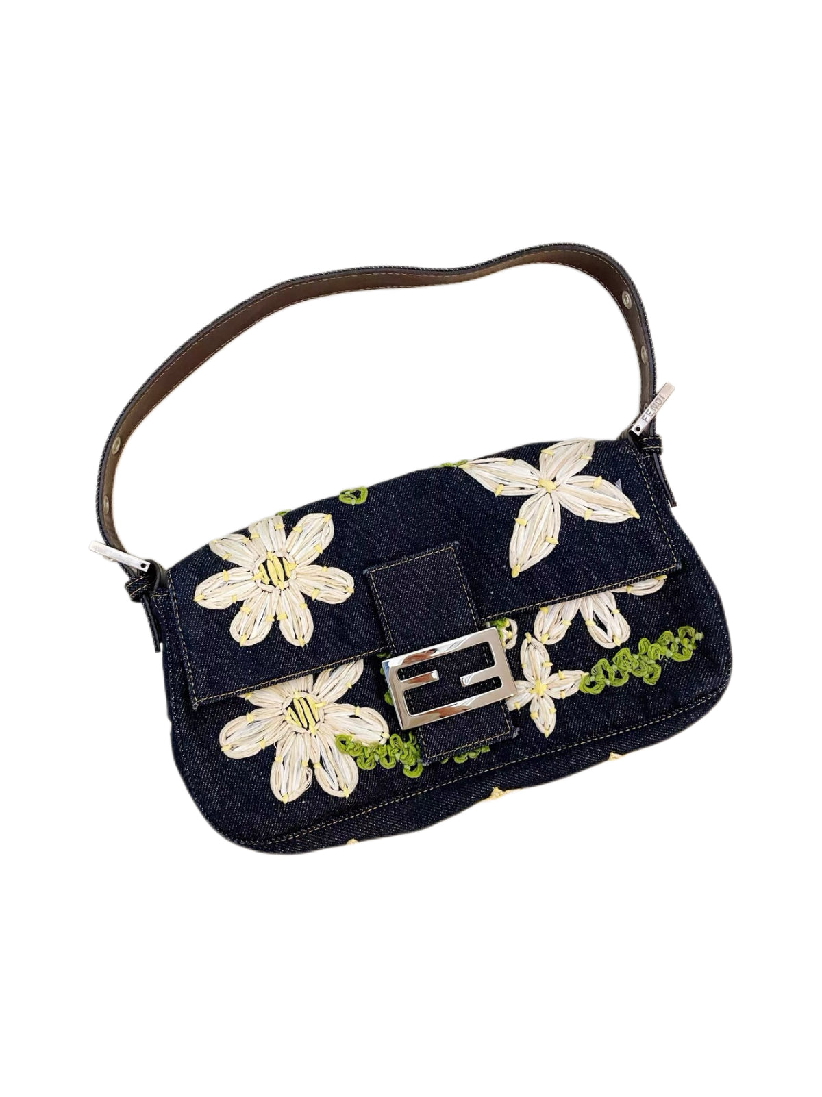 Fendi Floral Embroidered Denim Baguette Bag Rare Archive Handcrafted Appliqué Shoulder Bag