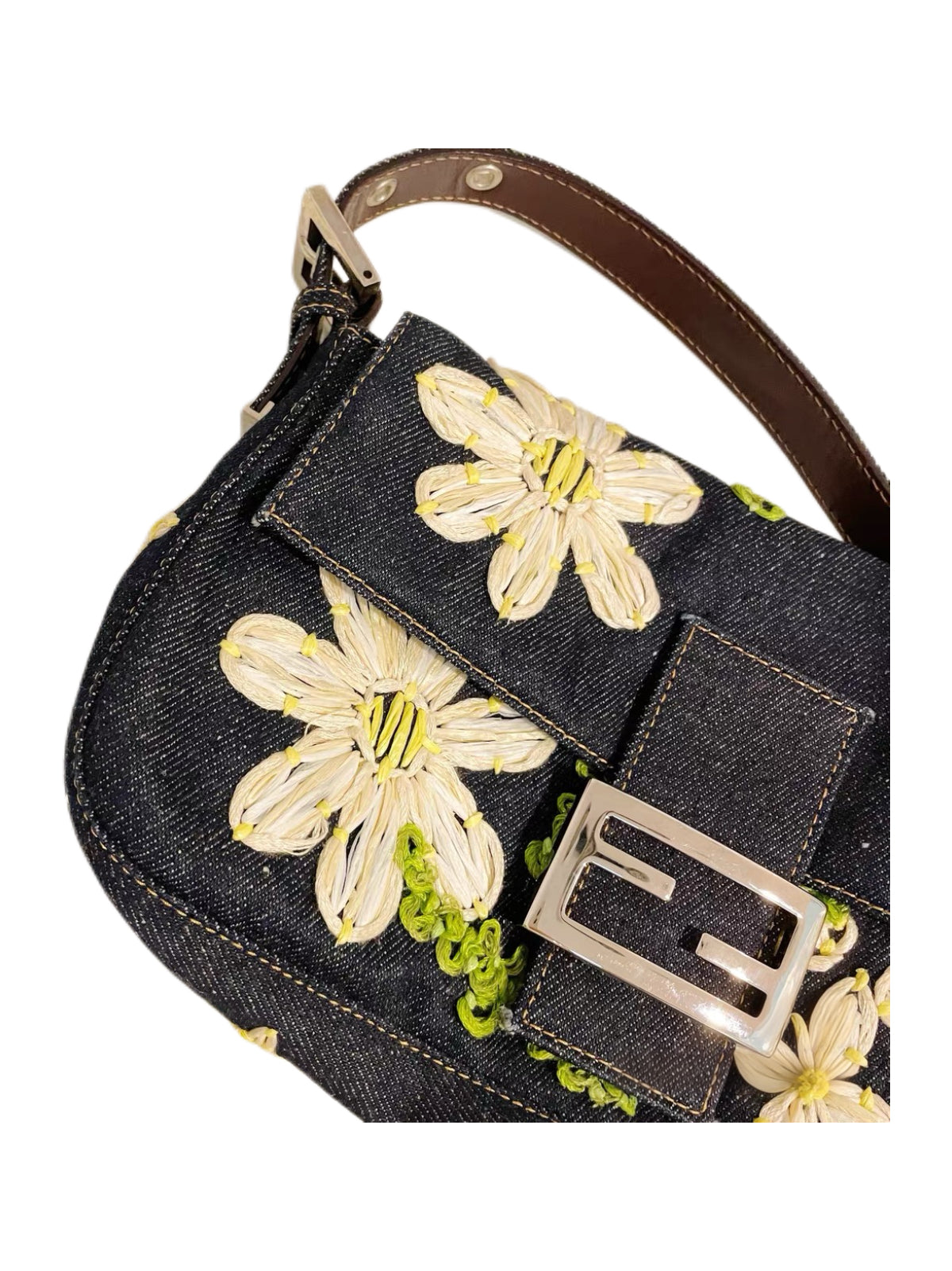 Fendi Floral Embroidered Denim Baguette Bag Rare Archive Handcrafted Appliqué Shoulder Bag