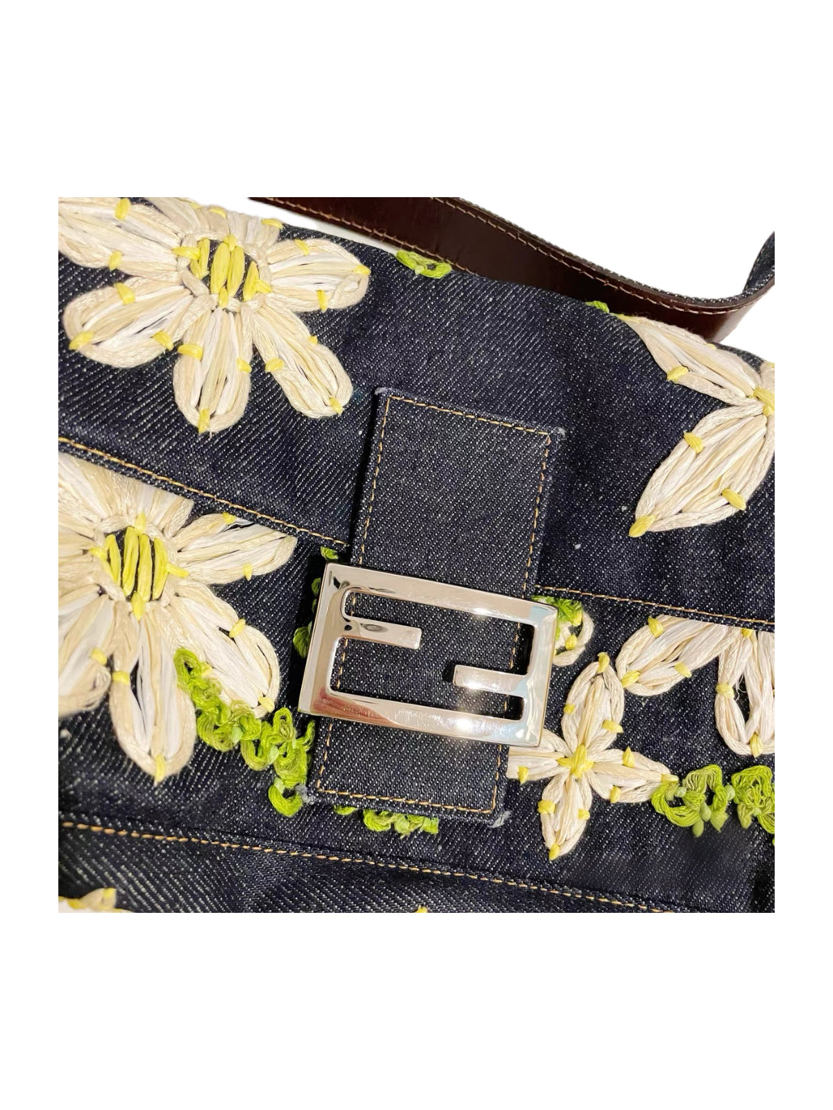 Fendi Floral Embroidered Denim Baguette Bag Rare Archive Handcrafted Appliqué Shoulder Bag
