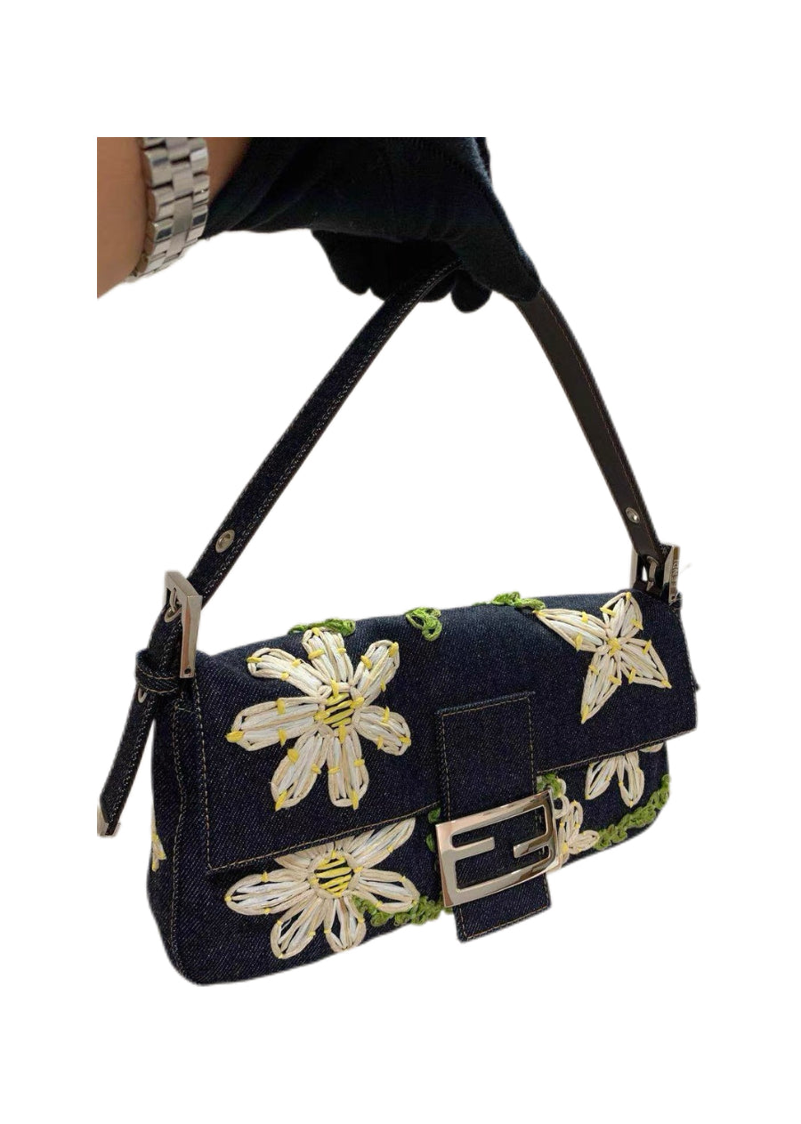 Fendi Floral Embroidered Denim Baguette Bag Rare Archive Handcrafted Appliqué Shoulder Bag