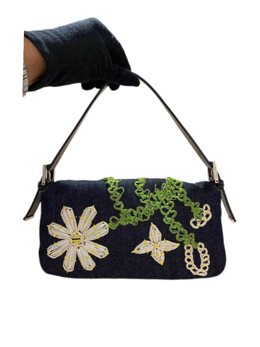 Fendi Floral Embroidered Denim Baguette Bag Rare Archive Handcrafted Appliqué Shoulder Bag