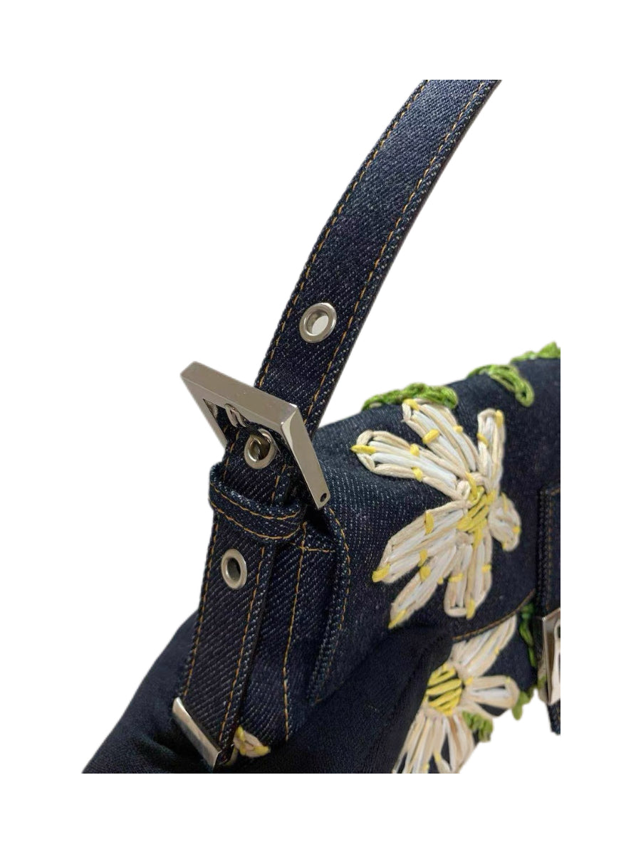 Fendi Floral Embroidered Denim Baguette Bag Rare Archive Handcrafted Appliqué Shoulder Bag