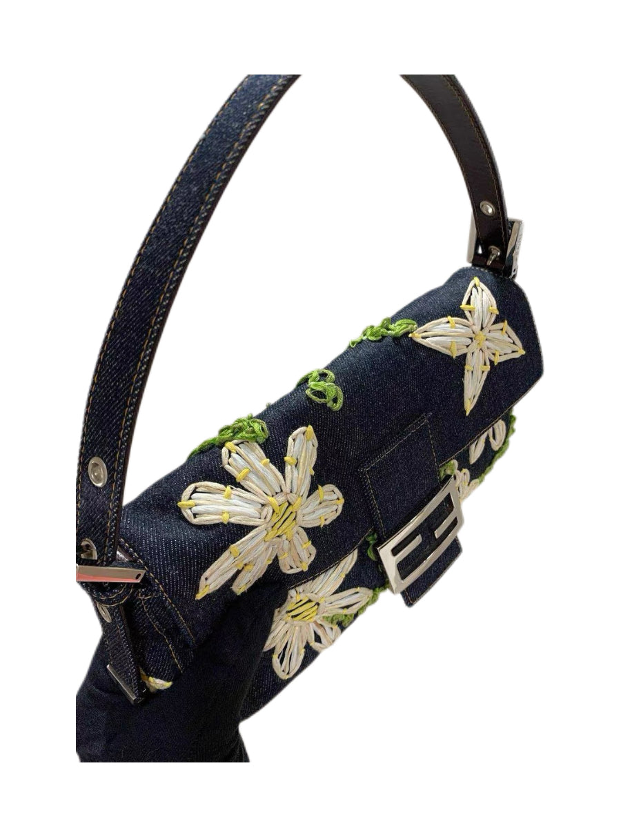 Fendi Floral Embroidered Denim Baguette Bag Rare Archive Handcrafted Appliqué Shoulder Bag