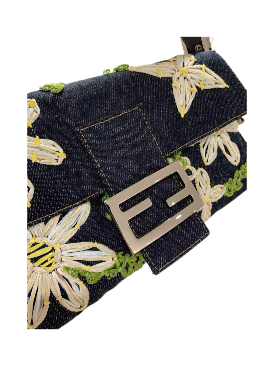 Fendi Floral Embroidered Denim Baguette Bag Rare Archive Handcrafted Appliqué Shoulder Bag