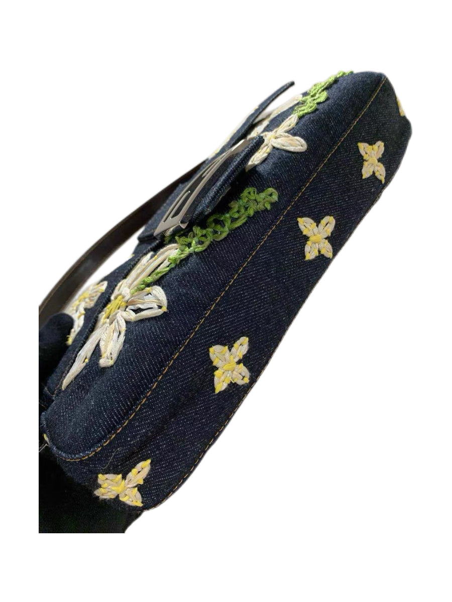 Fendi Floral Embroidered Denim Baguette Bag Rare Archive Handcrafted Appliqué Shoulder Bag
