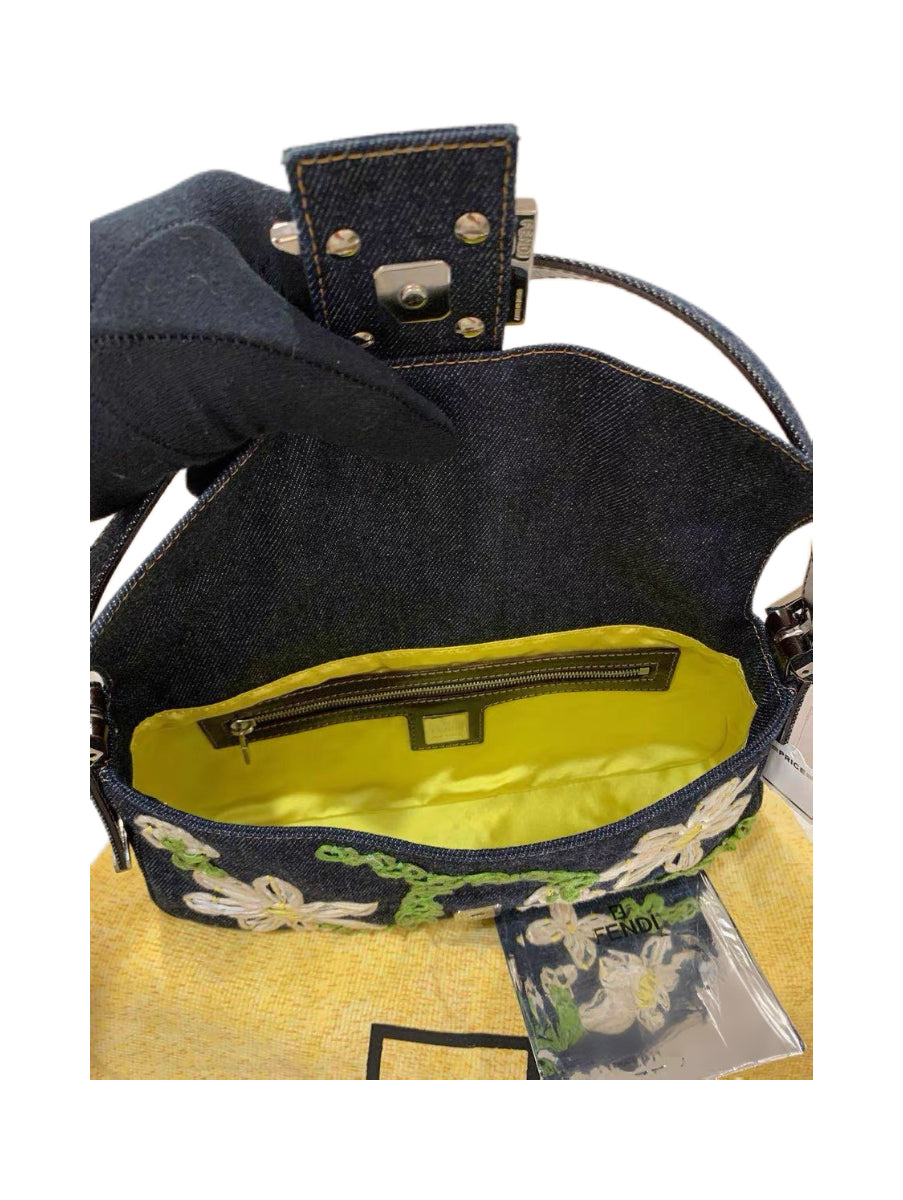 Fendi Floral Embroidered Denim Baguette Bag Rare Archive Handcrafted Appliqué Shoulder Bag