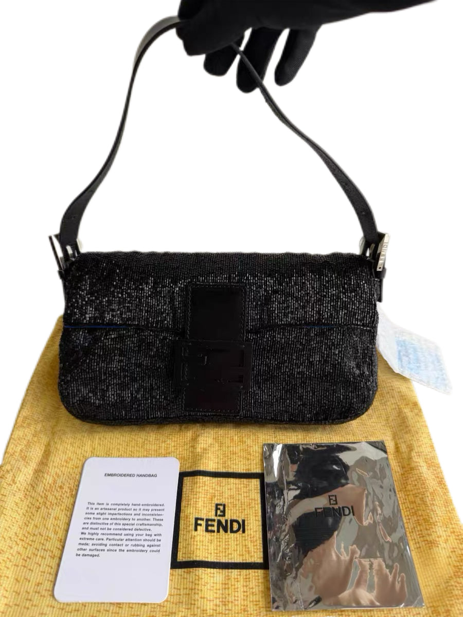 Fendi Rare Black Hand-Beaded Baguette Shoulder Bag