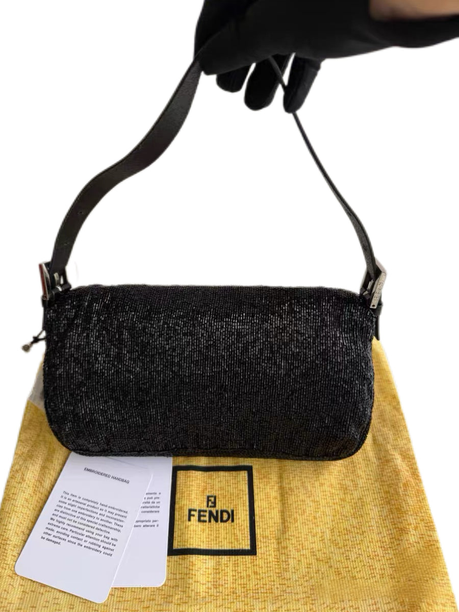 Fendi Rare Black Hand-Beaded Baguette Shoulder Bag